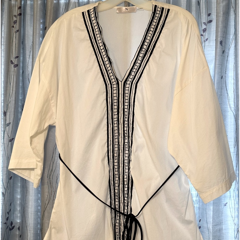 Natori White Black Embroidered Belted Kimono Sleeve Side Slit Tunic Large